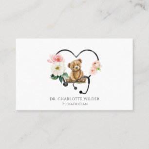 Carte De Visite Pédiatre Teddy Bear Stethoscope Floral