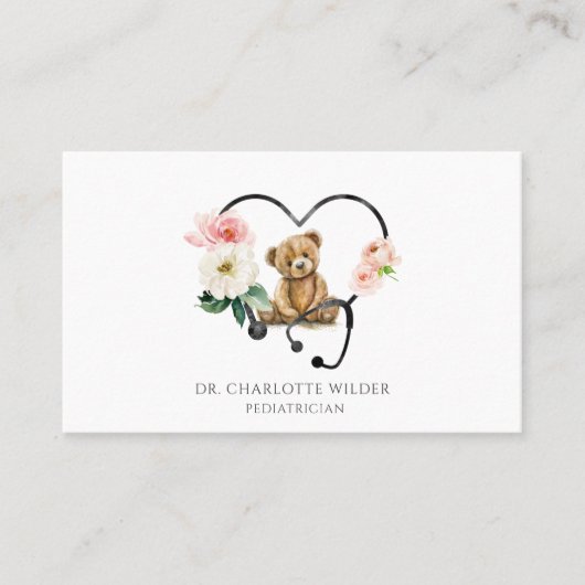 Carte De Visite Pédiatre Teddy Bear Stethoscope Floral (Devant)