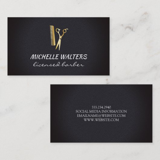 Carte De Visite Peigne et ciseaux en cuir de barbier (Devant / Derrière)
