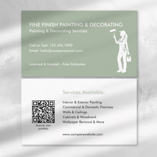 Carte De Visite Peintre Décoratrice Entreprise QR Code Vert Blanc