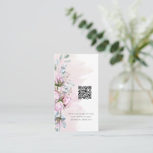 Carte De Visite Peonies roses et verdure Code d'information QR (Debout devant)