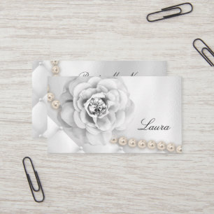 Carte De Visite Perles élégantes de blanc de rose de wedding
