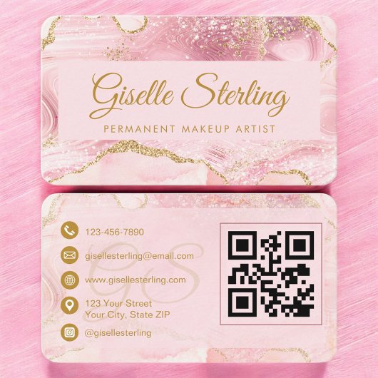Carte De Visite Permanent Makeup Artist Pink Gold Agate QR Code