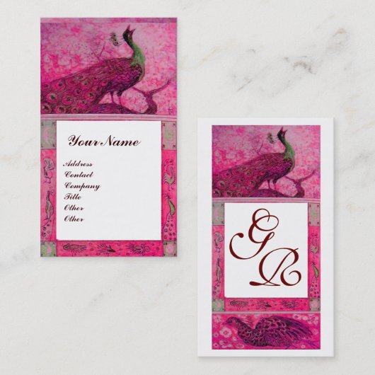 Carte De Visite PERRUCHES AMOUR MARIAGE MONOGRAMME Rose Fuchsia Bl (Devant / Derrière)