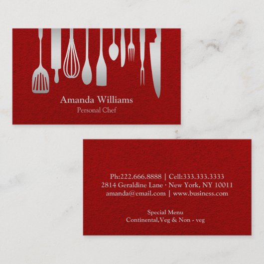 Carte De Visite Personal Chef Catering Kitchen Silver Utensils (Devant / Derrière)