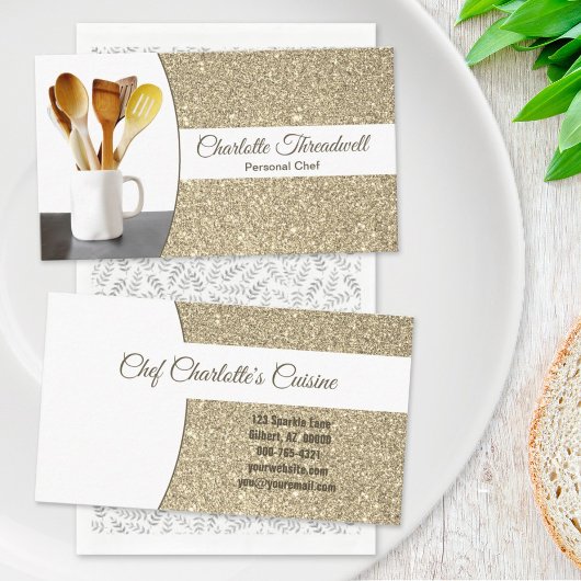 Carte De Visite Personal Chef Subtle Gold Glitter Custom Photo