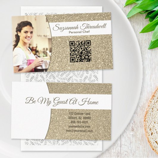 Carte De Visite Personal Chef Subtle Gold Glitter Custom Photo QR