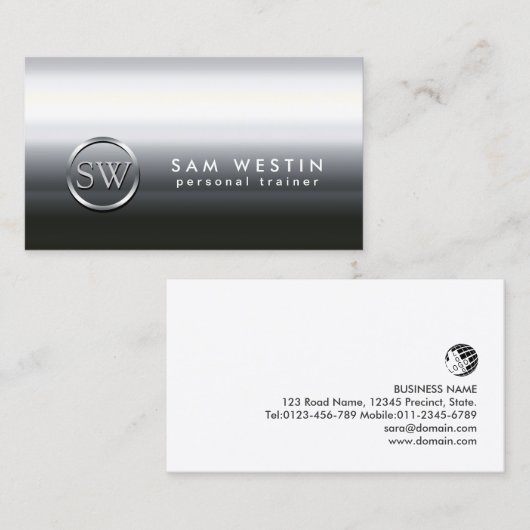 Carte De Visite Personal Trainer Faux Chrome Monogramme (Devant / Derrière)