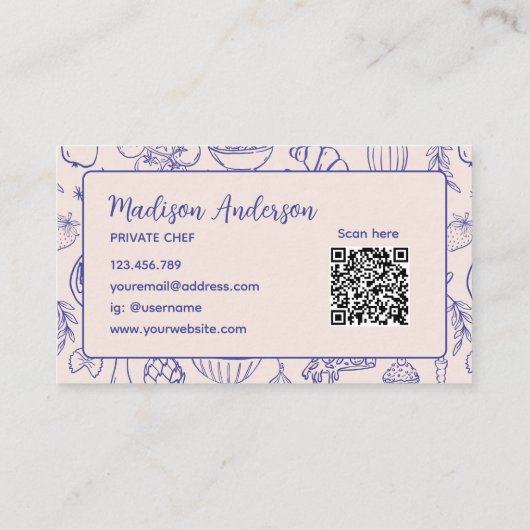 Carte De Visite Personalized Hand Drawn Food QR Code Navy Blue (Dos)