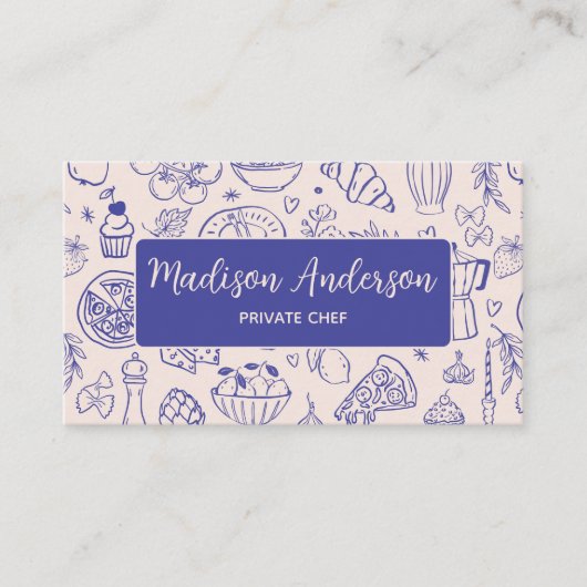 Carte De Visite Personalized Hand Drawn Food QR Code Navy Blue (Devant)