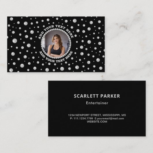 Carte De Visite Personalized Photo with Pearls Circle on Black (Devant / Derrière)