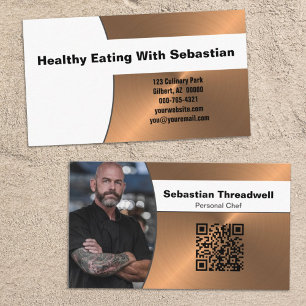 Carte De Visite Personnel chef Brushed Copper Custom Photo QR Code