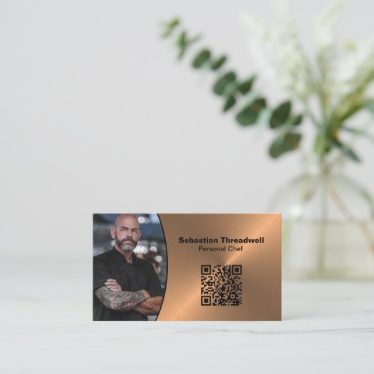 Carte De Visite Personnel chef Brushed Copper Custom Photo QR Code (Debout devant)