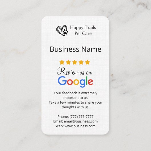 Carte De Visite Pet Care Google Review Request Card avec code QR (Dos)