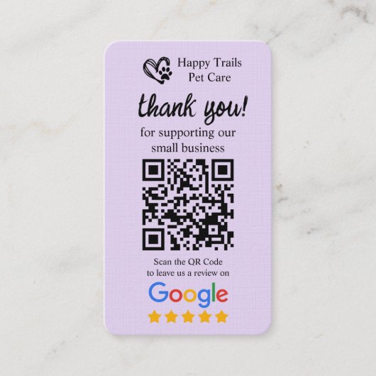 Carte De Visite Pet Care Google Review Request Card avec code QR (Devant)
