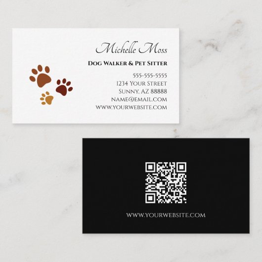 Carte De Visite Pet Sitter QR code Cute Brown Paw Prints  (Devant / Derrière)