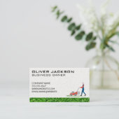 Carte De Visite Petit gars de tondeuse à gazon coupant l'herbe | G (Debout devant)