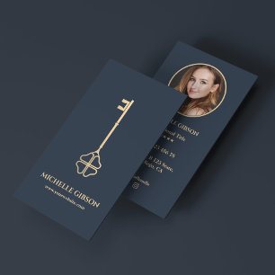 Carte De Visite Petit Realtor Lucky Key Photo Charcoal Blue