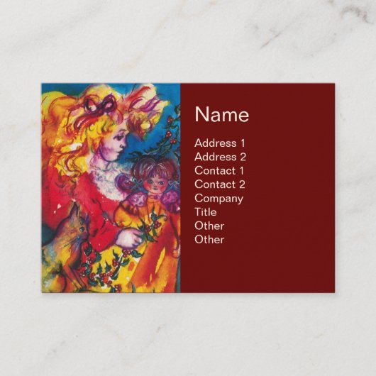 Carte De Visite PETITE FILLE, CHAT ET JOLIE DOLL JAUNE Rouge (Devant)