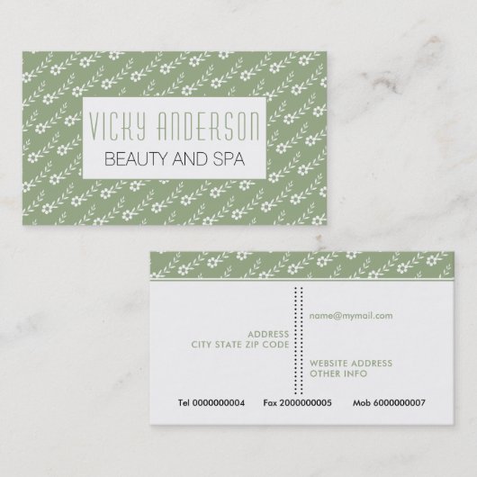 Carte De Visite Petites fleurs blanches sauge vert motif (Devant / Derrière)