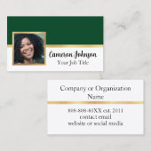 Carte De Visite Photo avec Elegant Script et Gold sur Forest Green (Devant / Derrière)