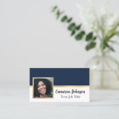 Carte De Visite Photo avec Elegant Script et Gold sur Navy Blue (Debout devant)