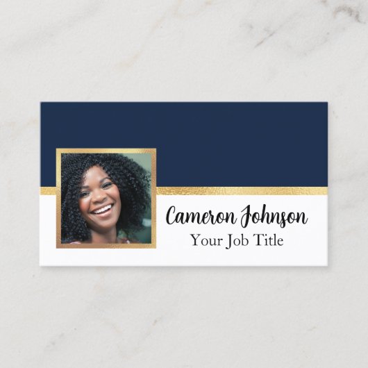 Carte De Visite Photo avec Elegant Script et Gold sur Navy Blue (Devant)