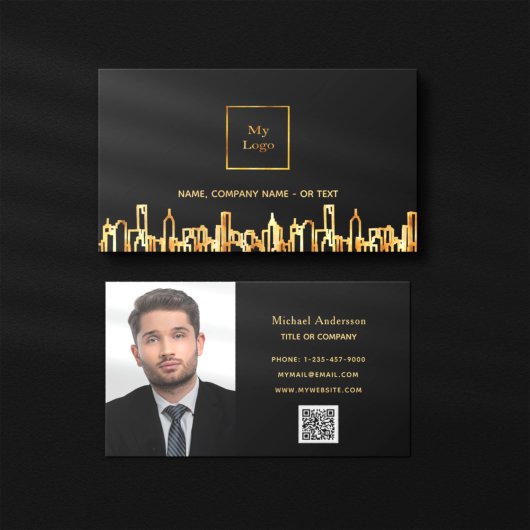 Carte De Visite Photo black gold skyline real estate QR code