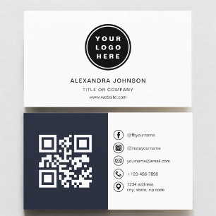 Carte De Visite Photo bleu marine avec code QR Médias sociaux