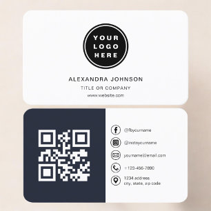 Carte De Visite Photo bleu marine avec code QR Médias sociaux