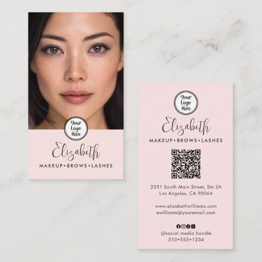 Carte De Visite Photo Blush Pink Script Black Logo QR Code Makeup (Devant / Derrière)