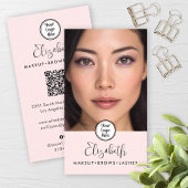 Carte De Visite Photo Blush Pink Script Black Logo QR Code Makeup