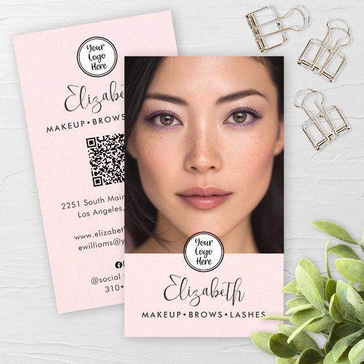 Carte De Visite Photo Blush Pink Script Black Logo QR Code Makeup