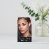 Carte De Visite Photo Blush Pink Script Black Social Icon QR Code (Debout devant)