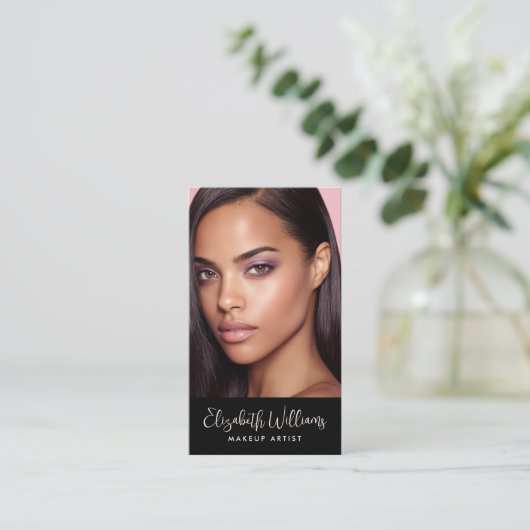 Carte De Visite Photo Blush Pink Script Black Social Icon QR Code (Debout devant)