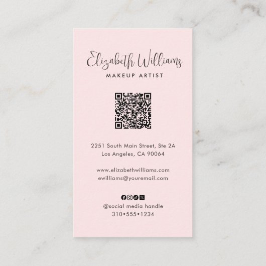 Carte De Visite Photo Blush Pink Script Black Social Icon QR Code (Dos)