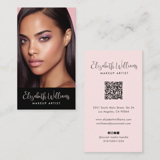 Carte De Visite Photo Blush Pink Script Black Social Icon QR Code (Devant / Derrière)