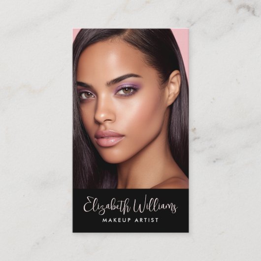 Carte De Visite Photo Blush Pink Script Black Social Icon QR Code (Devant)