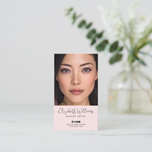 Carte De Visite Photo Blush Pink Script Social Icon QR Code Makeup (Debout devant)
