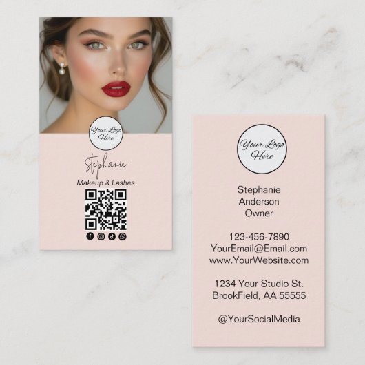 Carte de visite photo Code QR Logo Script Rose Pâl (Devant / Derrière)