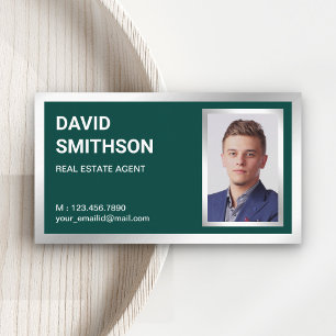 Carte De Visite Photo d'agent immobilier en feuille d'argent vert