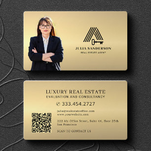 Carte De Visite Photo d'agent immobilier QR faux métallisé or