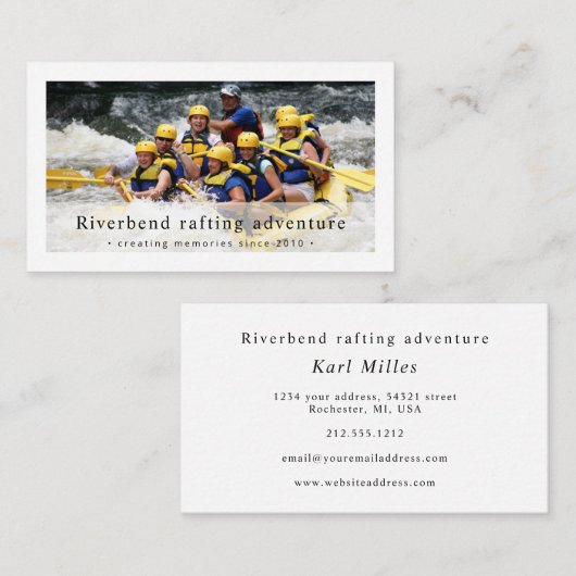 Carte de visite photo d'aventure en rafting en bat (Devant / Derrière)
