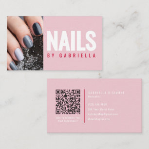 Carte De Visite Photo de code QR de technicienne en onglerie rose