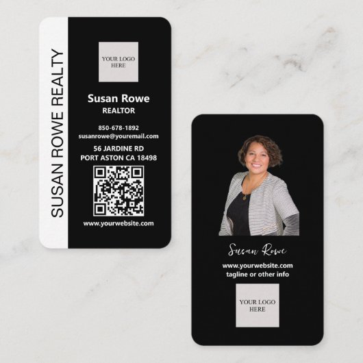 Carte De Visite Photo de code QR noir et blanc moderne (Devant / Derrière)