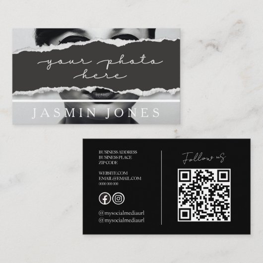 Carte De Visite Photo de code QR noir moderne (Devant / Derrière)
