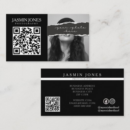 Carte De Visite Photo de code QR noir moderne (Devant / Derrière)