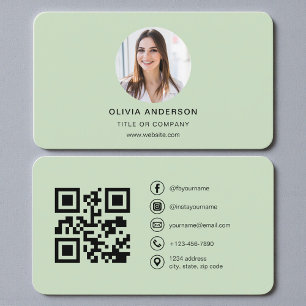 Carte De Visite Photo de code QR vert sauge