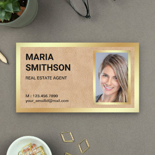 Carte De Visite Photo de courtier immobilier en cuir marron avec f