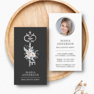 Carte De Visite Photo de l'agent immobilier vintage Floral Silver 